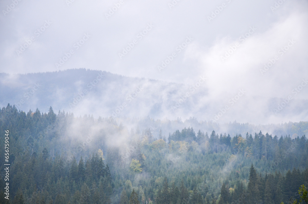 
Low clouds hang between the mountains and forests covered with fog. Autumn Carpathian landscapes, Ukraine