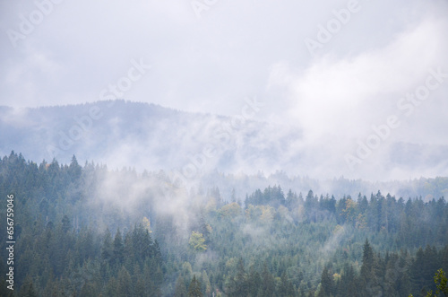 
Low clouds hang between the mountains and forests covered with fog. Autumn Carpathian landscapes, Ukraine