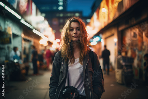 Portrait of a young woman walking down a street with lights
