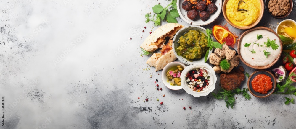 Assorted Middle Eastern and Arabic food on a rustic background including kebab falafel hummus rice and pita Halal Text space Top view with copyspace for text