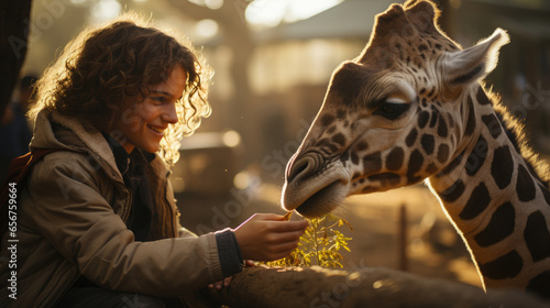 Generative AI, child, boy or girl petting a tall spotted giraffe on a safari in the wild, reserve, Africa, national park, zoo, animal and human, travel, feeding, care, children, kid, naturalist © Julia Zarubina