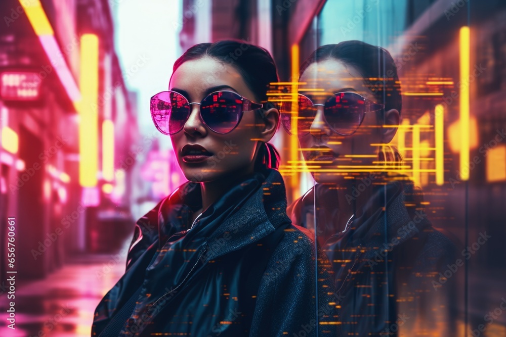 Obraz premium Young woman on the street in neon color, Cyberpunk