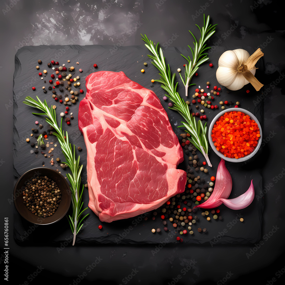 Fresh raw meat on slate black board top view, Variety of beef steak, spices, seasoning for cooking, grilling, diet, restaurant, food, cousine, healthy