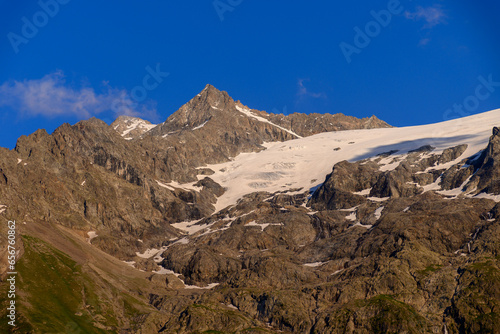 La Grave La Meije Ski off-piste resort, unique in Alps with single groomed slope on the glacier, freeride, view on peak La Meije, Massif des Ecrins, Hautes Alpes, France in summer