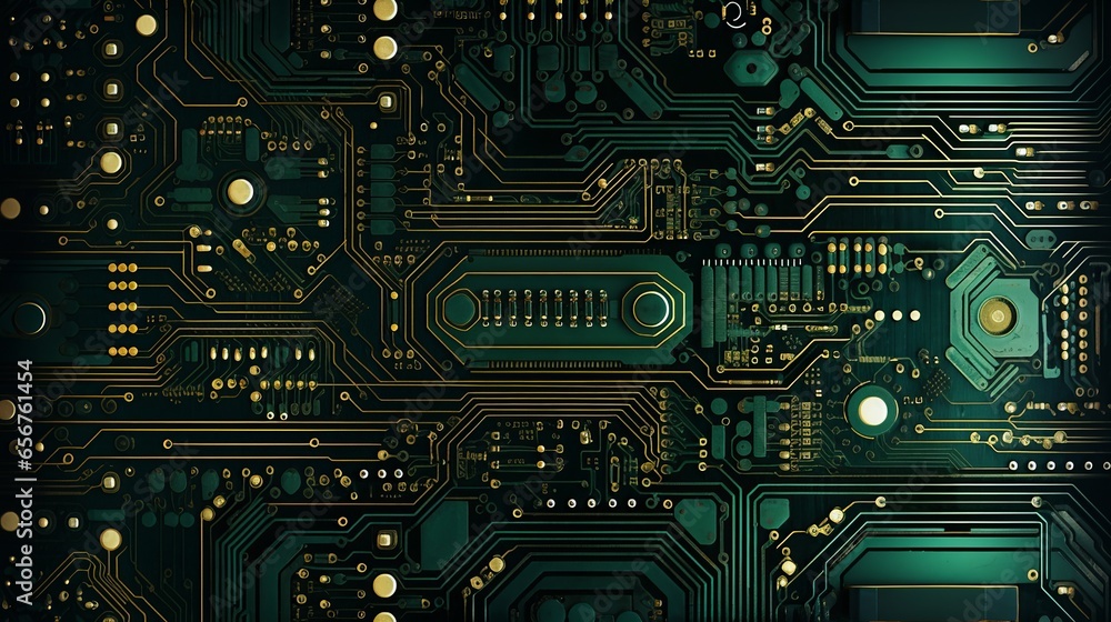 Technology background featuring a futuristic motherboard circuit concept and a green processor. Electronic components integrated into the backdrop Technology background featuring a futuristic motherboard circuit concept and a green processor. Electronic components integrated into the backdrop