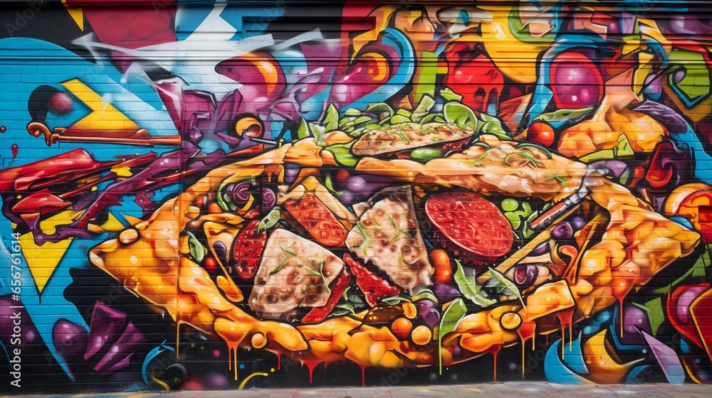 Fototapeta premium A bold composition features a pizza slice hovering above a spray paint can, where vibrant colors burst forth, seamlessly blending with the slice's toppings. 