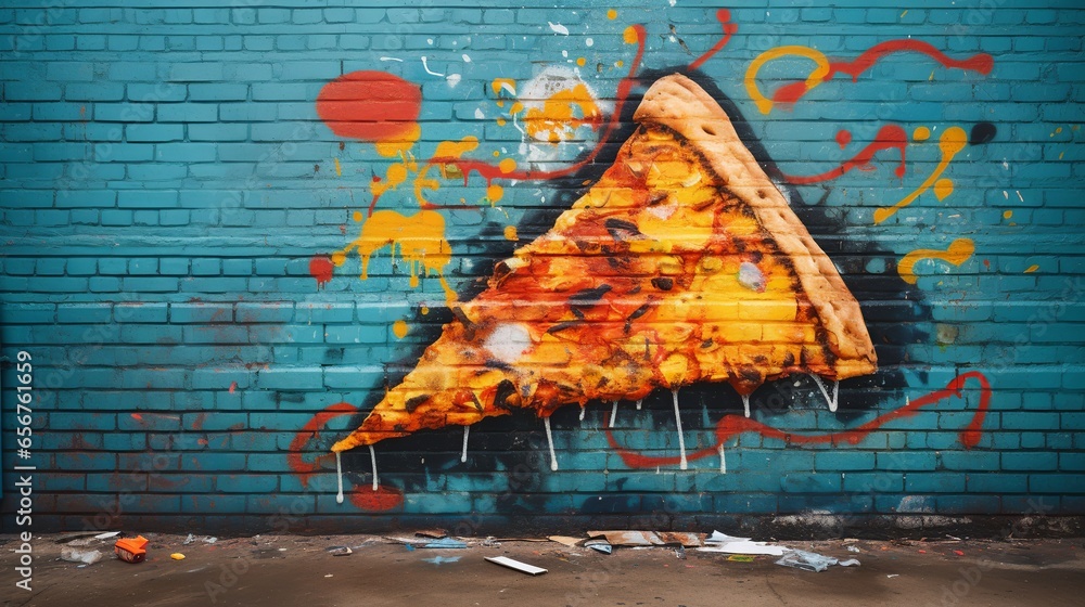 Fototapeta premium A bold composition features a pizza slice hovering above a spray paint can, where vibrant colors burst forth, seamlessly blending with the slice's toppings.