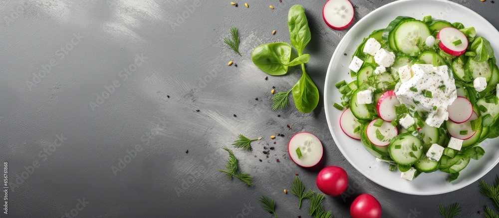 Top view of a healthy vegetable salad with spinach cottage cheese radish cucumber and yogurt with copyspace for text Top view of a healthy vegetable salad with spinach cottage cheese radish cucumber and yogurt with copyspace for text
