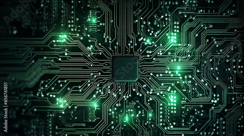 Futuristic background with a motherboard circuit concept, featuring a green-colored processor. Technology backdrop with electronic motherboard components