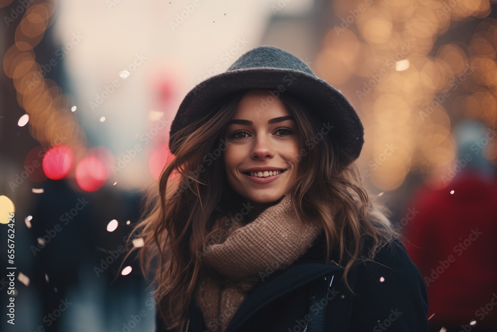Portrait of a young woman on a festive Christmas street Portrait of a young woman on a festive Christmas street