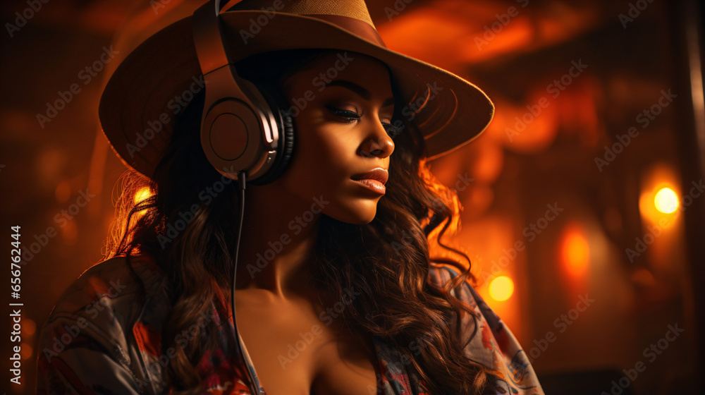 Fototapeta premium a woman with hat listening to music