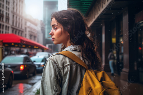 Portrait of a woman with a backpack on a crowded street