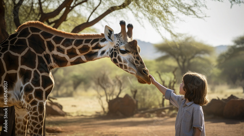 Generative AI, child, boy or girl petting a tall spotted giraffe on a safari in the wild, reserve, Africa, national park, zoo, animal and human, travel, feeding, care, children, kid, naturalist © Julia Zarubina