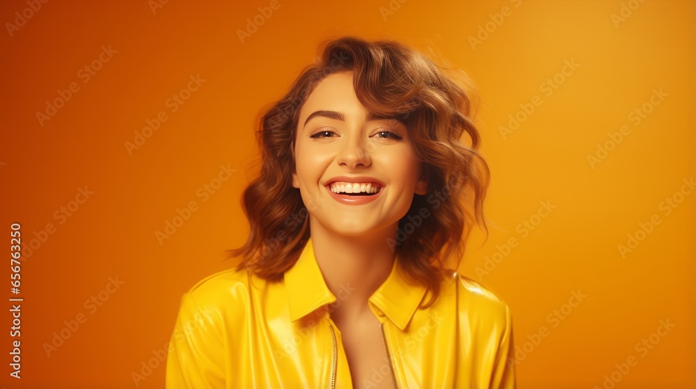 Photo of a joyful woman in a yellow shirt posing for a portrait Photo of a joyful woman in a yellow shirt posing for a portrait
