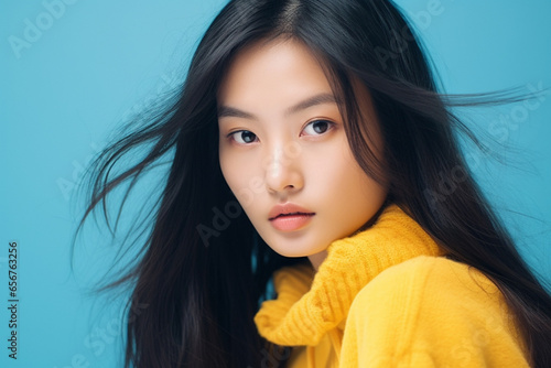 Beautiful close up portrait of a japanese model with black hairs, wearing yellow clothes, blue background, realistic, photo shot, sunny, clean