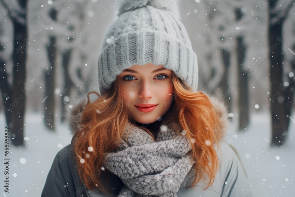 Portrait of a young woman in a winter snowy forest Portrait of a young woman in a winter snowy forest