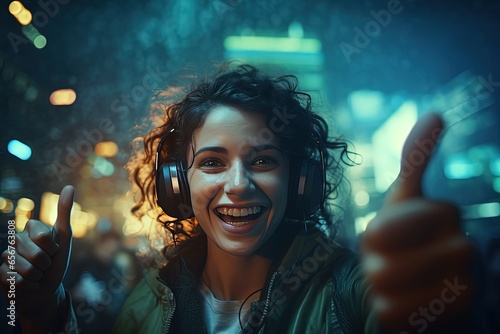 gamer girl wearing headphone thumps up with glitter glow light background, 