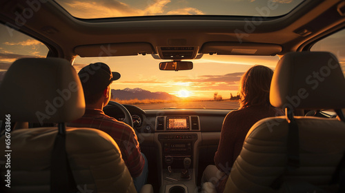 family enjoy travel adventures in a car on the road sunset holiday vacation