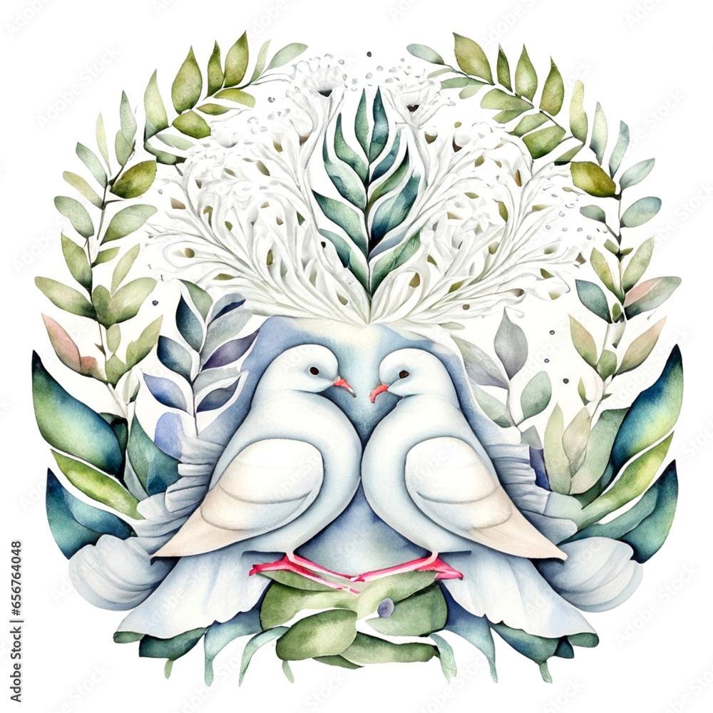 Białe gołębie ślubne dekoracja ilustracja - obrazy, fototapety, plakaty 