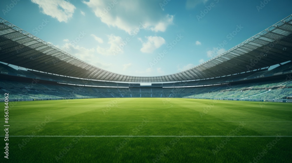 Photo of an empty soccer stadium with a vibrant green field - obrazy, fototapety, plakaty 