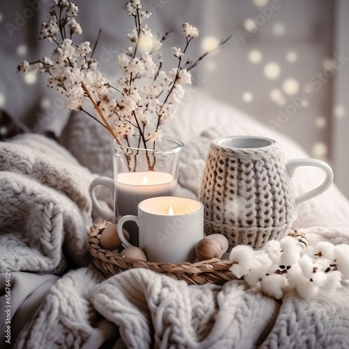Cozy winter decorative composition in white and beige colors, warm winter decor with coffee cup and candles on white background with copy space
