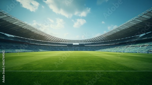 Photo of an empty soccer stadium with a vibrant green field © mattegg
