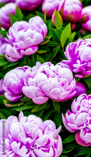 Beautiful lilac pink peony flowers close up. Peony is a genus of herbaceous perennials and deciduous shrubs, tree-like peonies. Peony family Paeoniaceae. Generated by AI. Charming bouquet © Iuliia