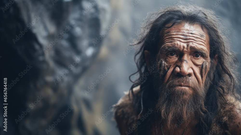 Against a backdrop of ancient cave paintings, a Neanderthal with a pronounced jawline and prominent forehead exudes an air of mystery, as if guarding secret knowledge. Against a backdrop of ancient cave paintings, a Neanderthal with a pronounced jawline and prominent forehead exudes an air of mystery, as if guarding secret knowledge.