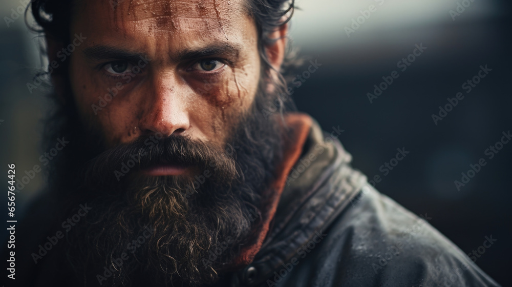 His rugged features were accentuated by a thick, unruly black beard with hints of grey. The intensity in his dark brown eyes conveyed a sense of determination and fearlessness. His rugged features were accentuated by a thick, unruly black beard with hints of grey. The intensity in his dark brown eyes conveyed a sense of determination and fearlessness.