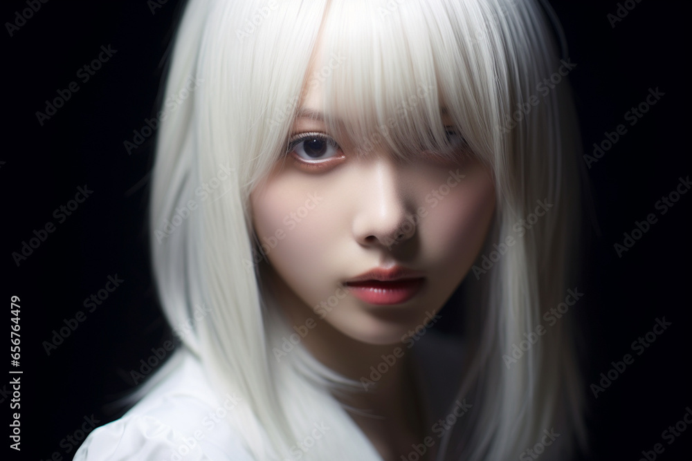 Beautiful close up portrait of a japanese model with white hairs, wearing white clothes, black background, realistic, photo shot, sunny, clean Beautiful close up portrait of a japanese model with white hairs, wearing white clothes, black background, realistic, photo shot, sunny, clean