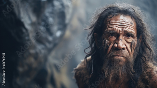 Against a backdrop of ancient cave paintings, a Neanderthal with a pronounced jawline and prominent forehead exudes an air of mystery, as if guarding secret knowledge.