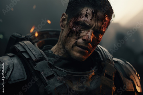 A battlehardened fighter with a prominent scar running down one side of his face, serving as a constant reminder of the countless battles he has survived.