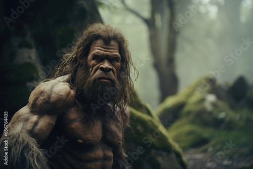A Neanderthal with stocky build and a broad face exudes a quiet strength as they lean against a mosscovered ancient tree, blending seamlessly into the forest background.