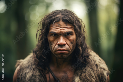 A Neanderthal with a determined expression and deeply set eyes stands in a dimly lit forest, representing a people who have thrived through unity and unwavering determination.