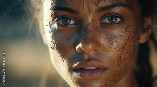 A tanned complexion displays a chiseled face, featuring high cheekbones and a determined expression carved with age.