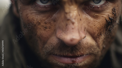 A rugged and scarred face showcases piercing brown eyes that reflect a sense of both intensity and mystery.