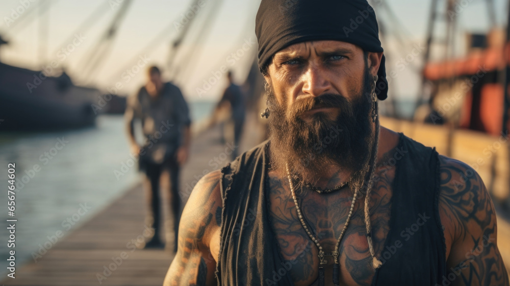 Fototapeta premium An intimidating, tattooed pirate with a hook for a hand, standing on a dock with a bustling harbor in the background.