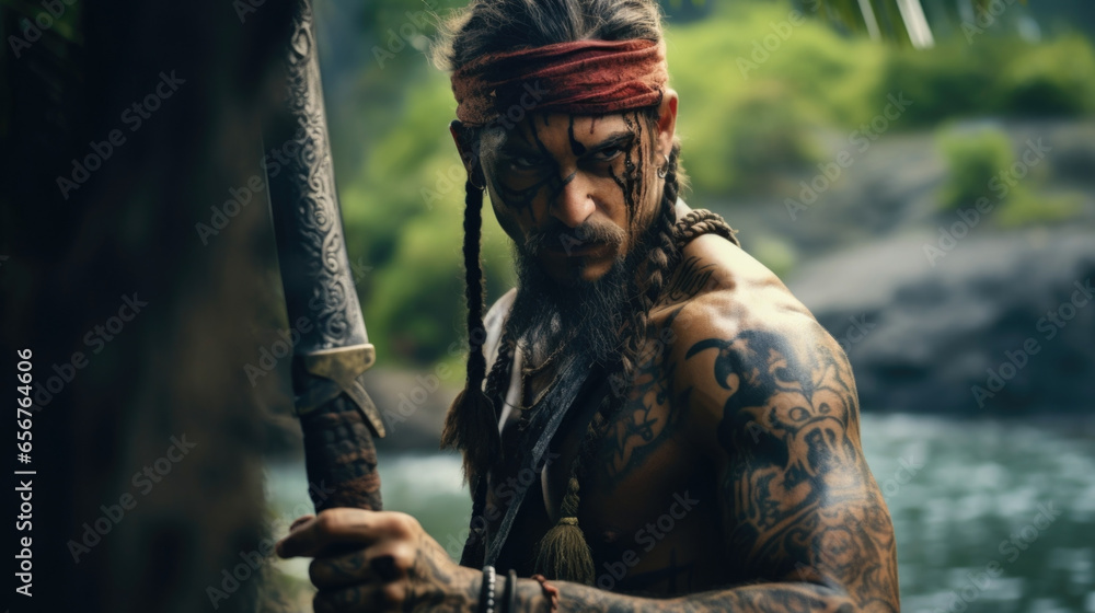 Naklejka premium On a deserted island, a rugged pirate with an elaborate collection of tattoos stands boldly, a sword in each hand. The intricate inkings on his body reveal tales of dramatic escapades and