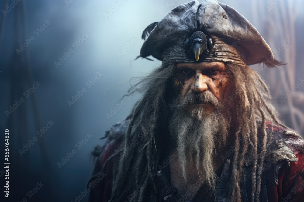 A mysterious and enigmatic pirate, with a shrouded face and a parrot on his shoulder, on a ghost ship sailing through the mist. - obrazy, fototapety, plakaty 
