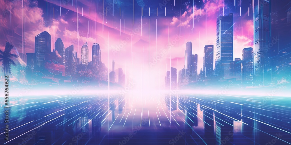 Vaporwave scifi cityscape with skyscrapers abstract background with lights and bokeh.