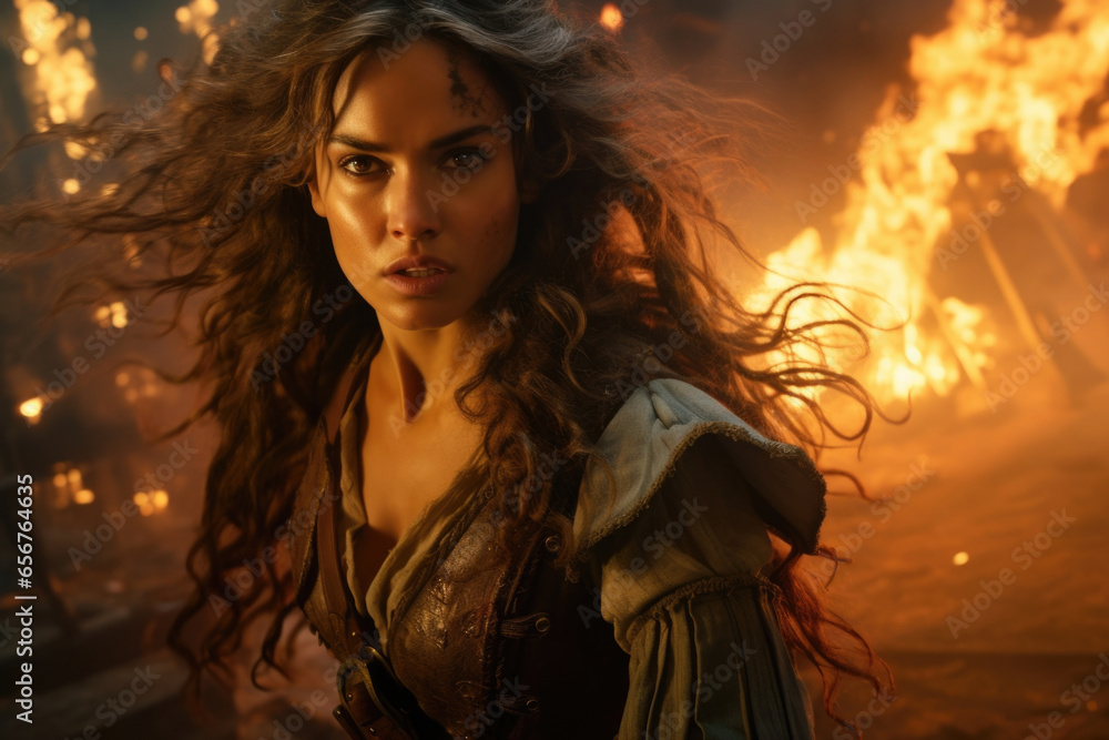 A fearsome and relentless pirate, wielding a lass with an intimidating demeanor, shown against a backdrop of a burning pirate ship during battle.