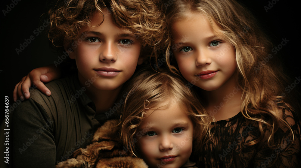 Portrait of three Caucasian brothers looking at the camara.Generative AI Portrait of three Caucasian brothers looking at the camara.Generative AI