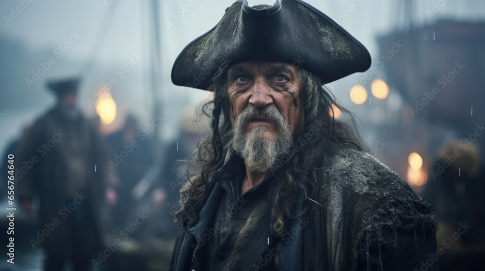 A seasoned and confident pirate, proudly donning a tricorn hat and coat, depicted against a backdrop of a pirates graveyard with old, decaying ships. A seasoned and confident pirate, proudly donning a tricorn hat and coat, depicted against a backdrop of a pirates graveyard with old, decaying ships.