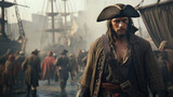 A pirate with a rugged and scarred face, wearing a tricorn hat and standing against the backdrop of a bustling port town with ships loading and unloading cargo.