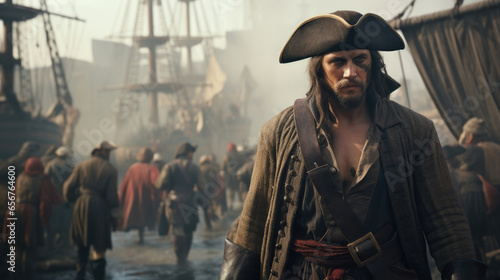 A pirate with a rugged and scarred face, wearing a tricorn hat and standing against the backdrop of a bustling port town with ships loading and unloading cargo. photo