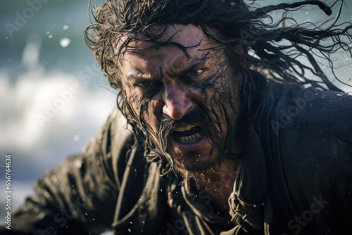 A fearsome and battlehardened pirate, with a large scar across his face, depicted against a backdrop of a raging sea and crashing waves. © Justlight