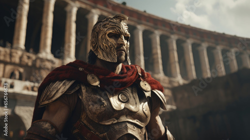 A tenacious warrior, his face partially covered by a fierce lion mask, standing in front of a grand Roman colosseum.