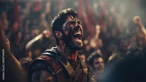 A stoic gladiator, his face adorned with war paint, is portrayed against the backdrop of a roaring crowd in the stands, their cheers amplifying his fighting spirit.