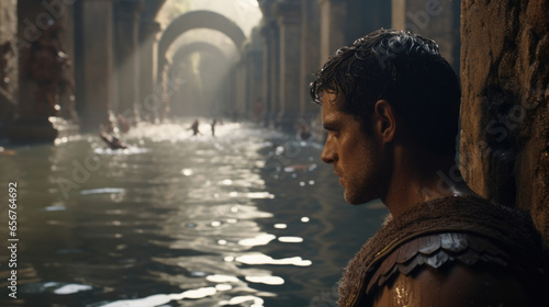 Holding a trident and standing waistdeep in water, a gladiator is portrayed against a backdrop of a grand Roman aqueduct, reminding viewers of the gladiators diverse skills and experiences. photo
