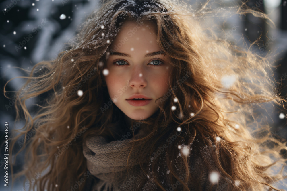 portrait of a happy young woman, snow, winter, vacations, christmas portrait of a happy young woman, snow, winter, vacations, christmas
